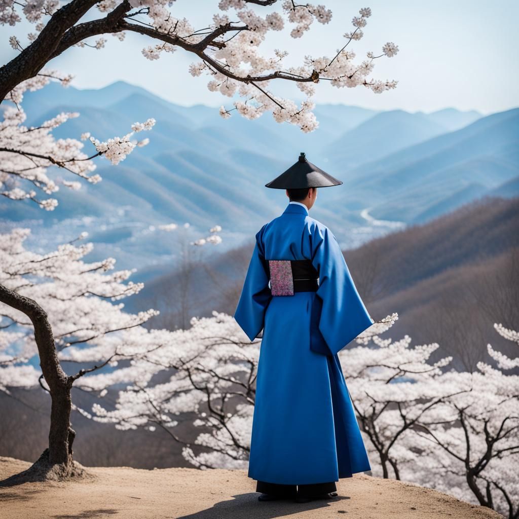 Korean Man in Hanbok Overlooking Valley