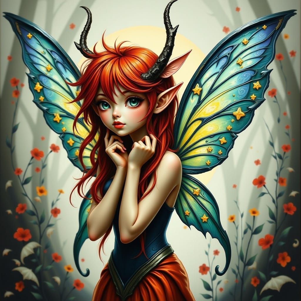 Fairy with Wild Red Hair and Vibrant Translucent Wings