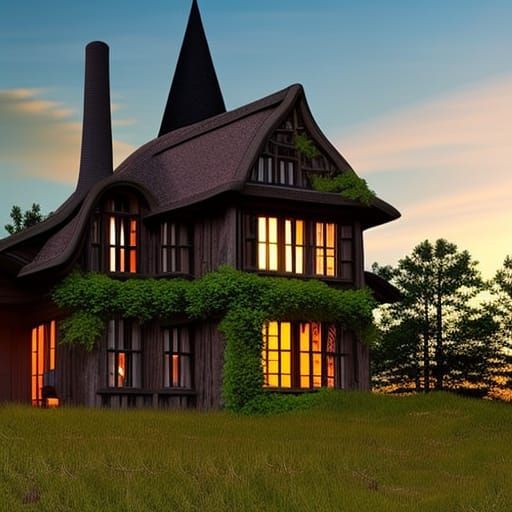 Voluptuous Witch in Haunted Forest Lodge at Sunset