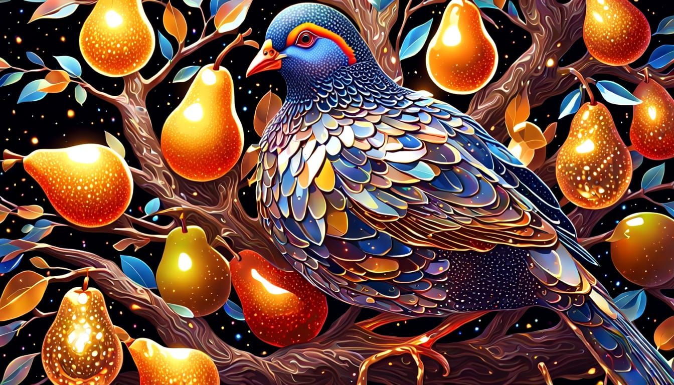 Partridge in Pear Tree, Surreal Metallic Collage