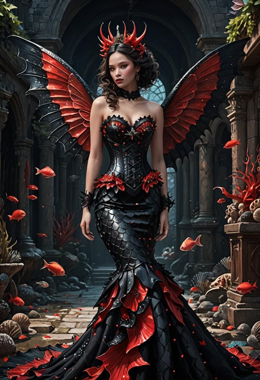 Dark Mermaid Dress with Demon Wings