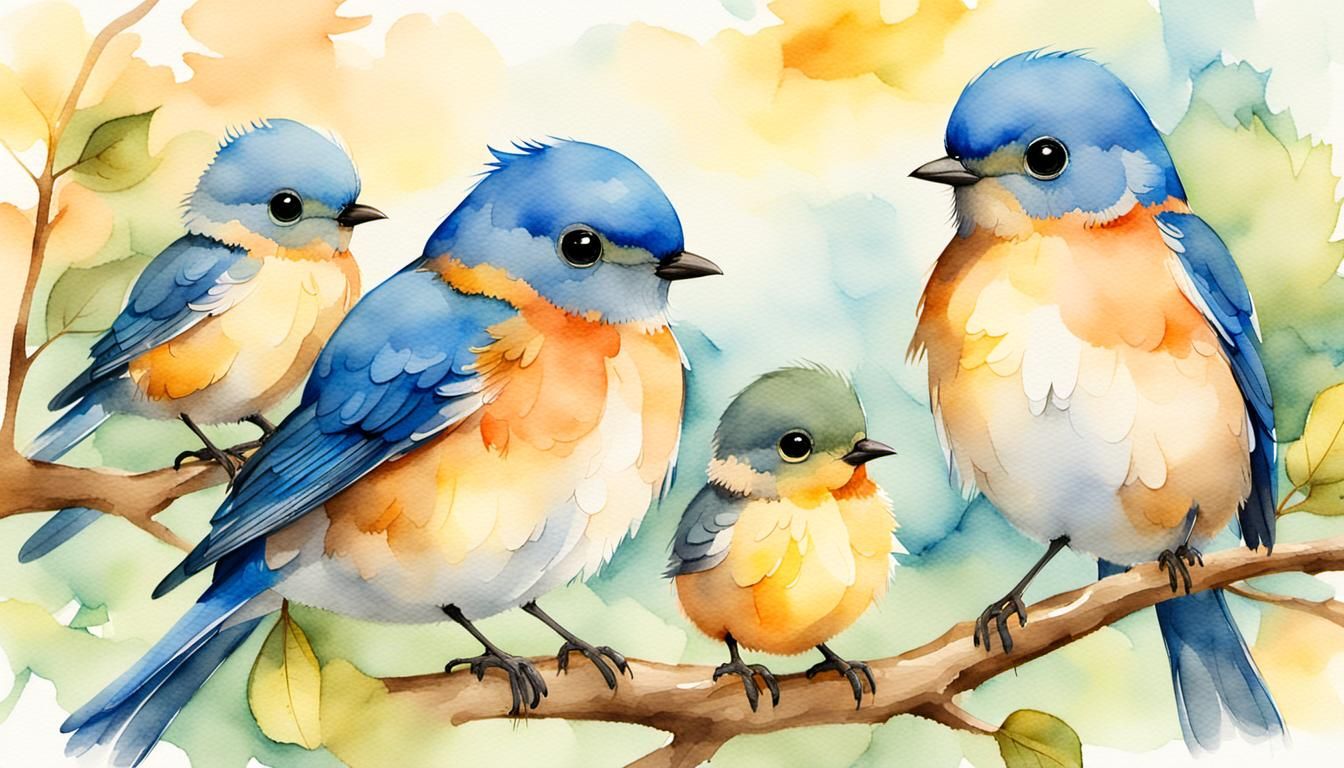 Bluebird Family Perched in Tree: Watercolor Illustration
