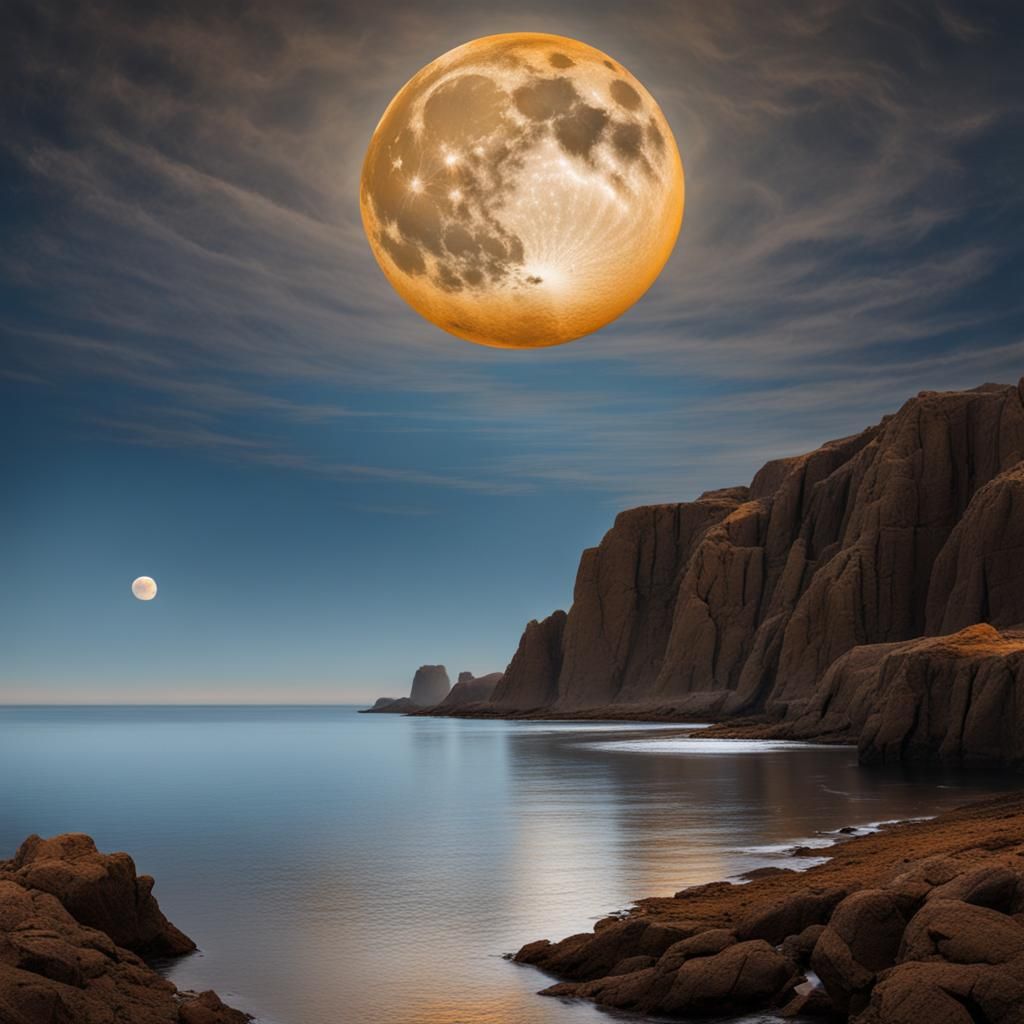 Calm Sea Reflects Colorful Moon