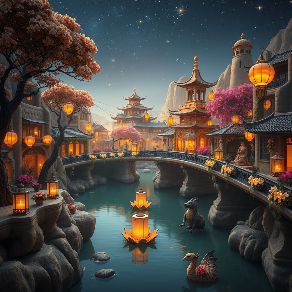 Luminous Lanterns Illuminate Ancient City Under Starry Skies