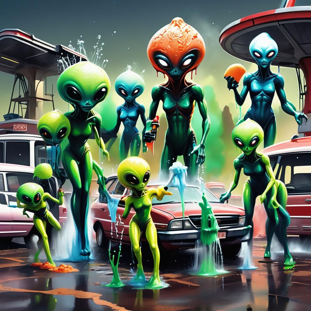 Grotesque Aliens Washing Cars: A Surrealist Vision