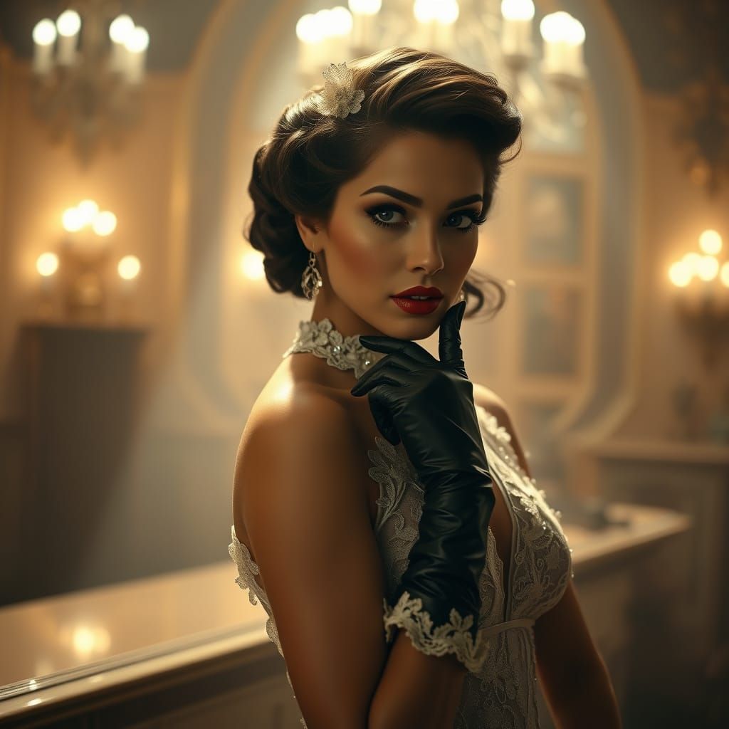 Elegant Woman in Vintage Outfit, Retro Film Aesthetic