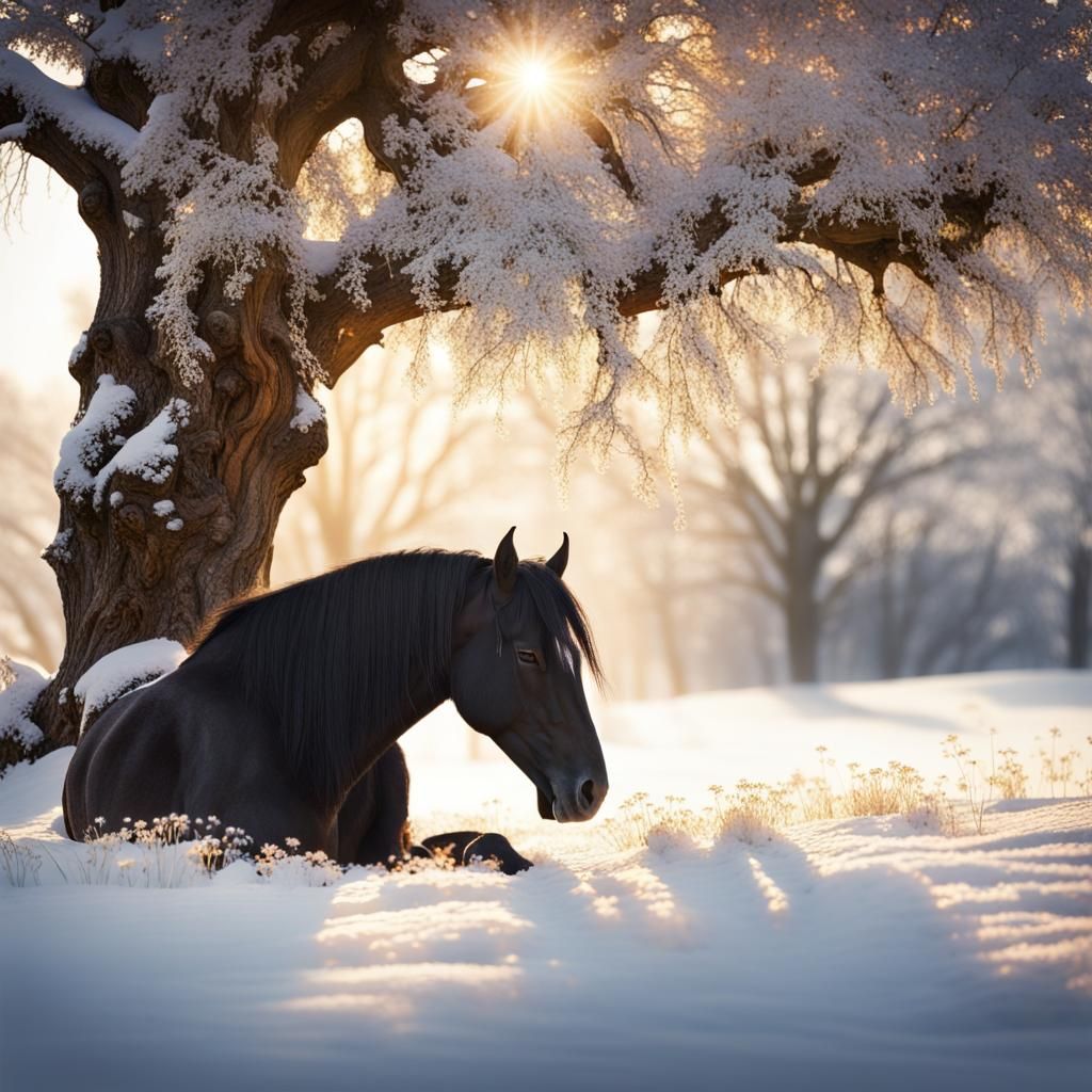Glistening Snow Field with Black Horse in Sunlight