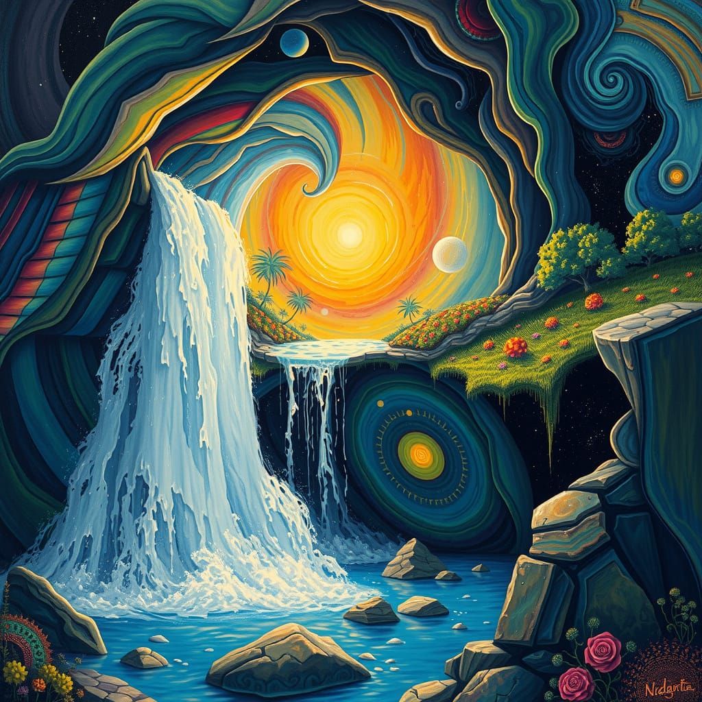 Ethereal Waterfall in Cosmic Dreamscapes