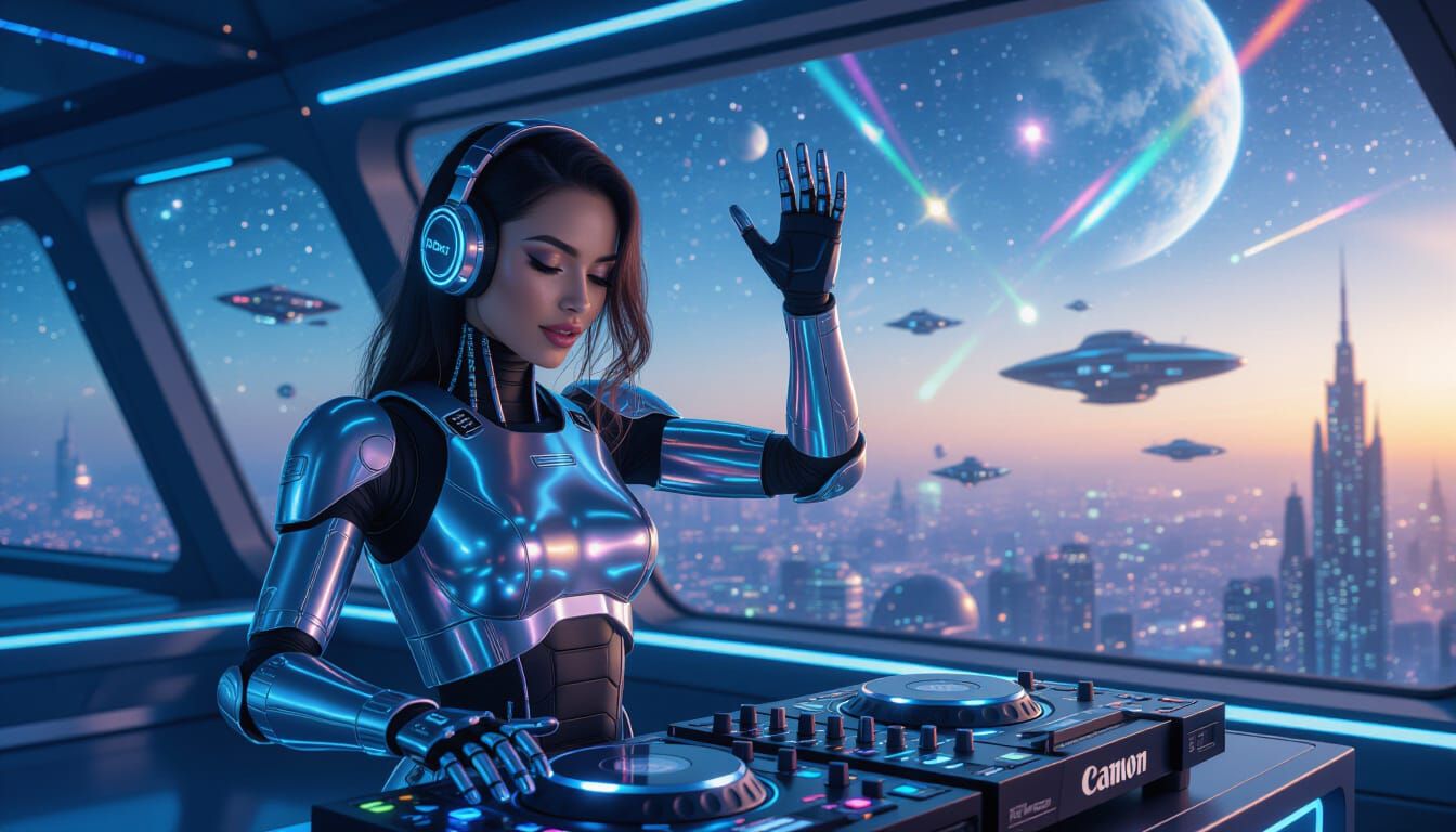 Android DJ Dances in Space Nightclub