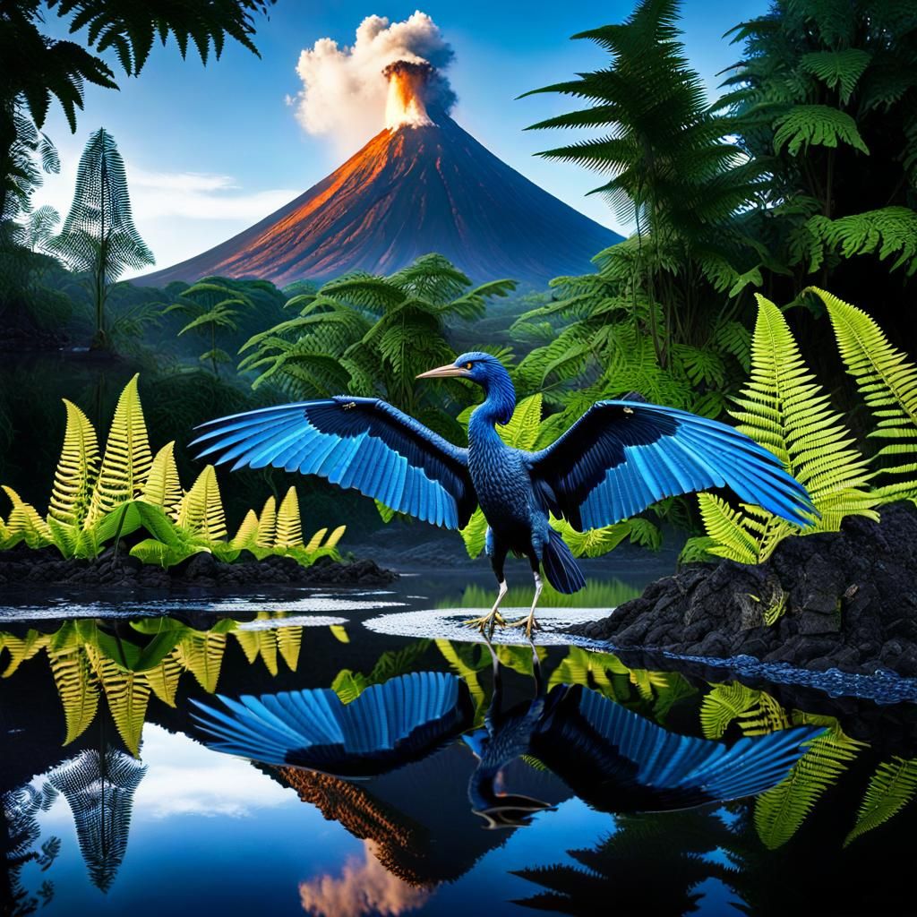 Blue Archaeopteryx Reflecting in Prehistoric Watering Hole