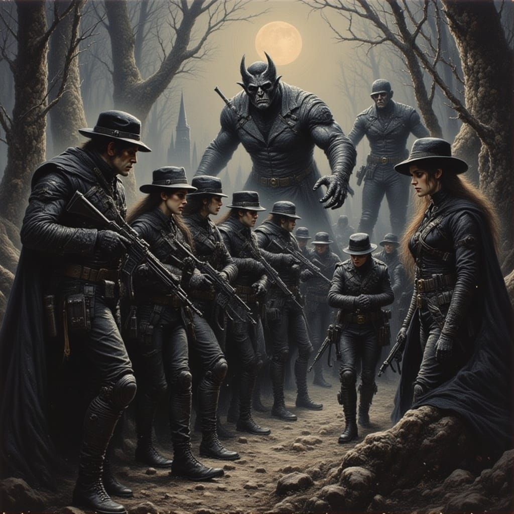 Lady commandos versus the Frankenstein Monster<lora:Pulp Cover Art:1.0>