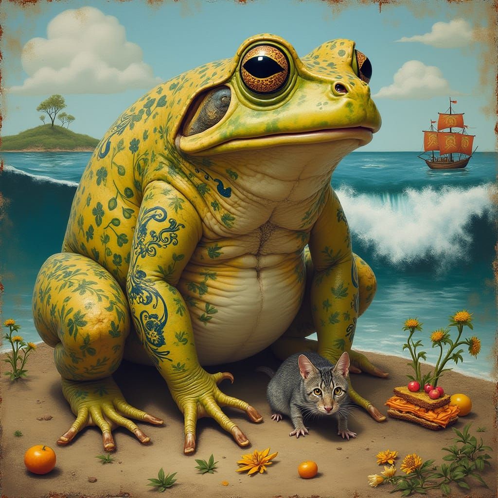 Giant Jeweled Feet & Rat in Surreal Landscape