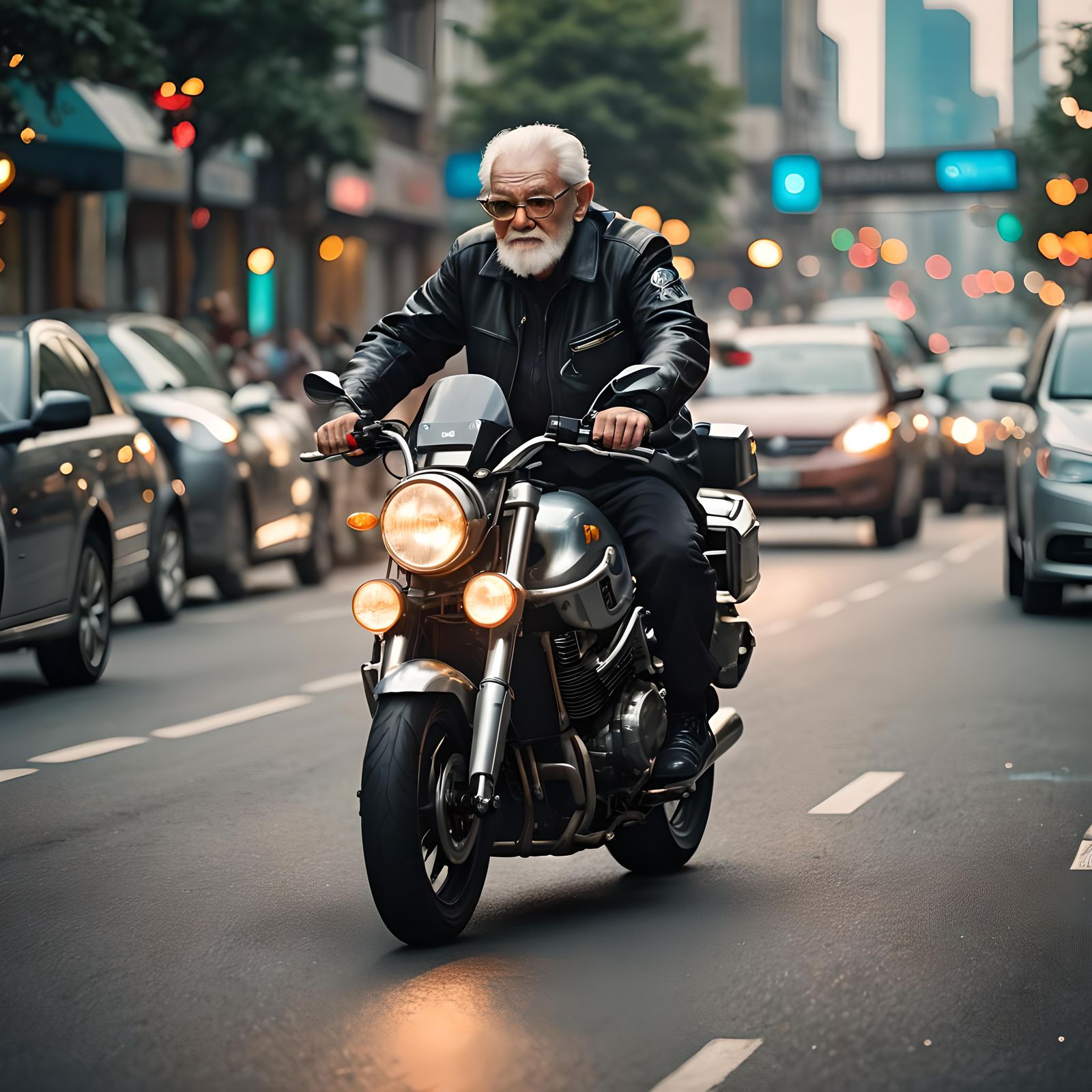 Elderly Man Rides Futuristic Motorcycle, Professional Photog...
