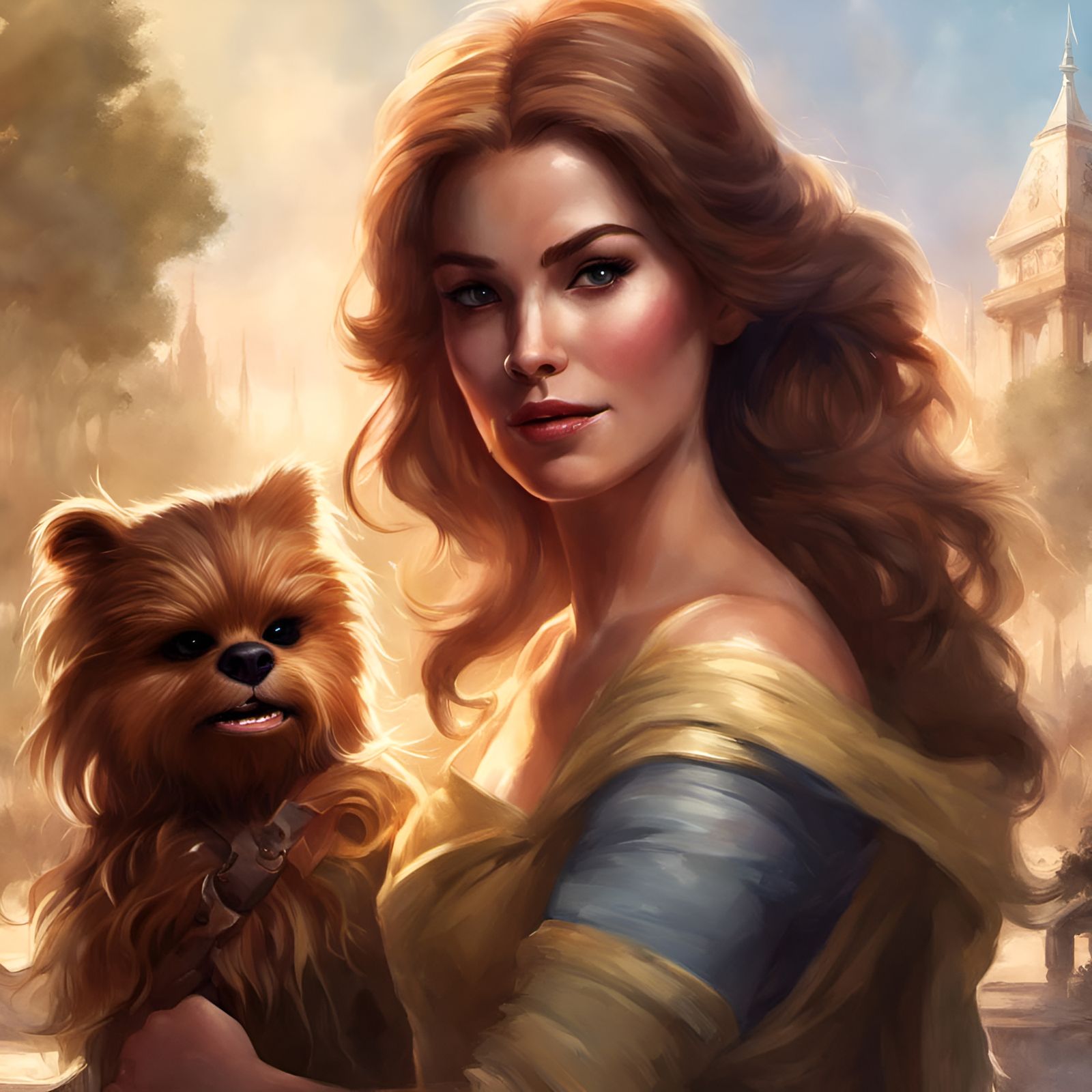 Princess Belle and Chewbacca Portrait in Surreal Style