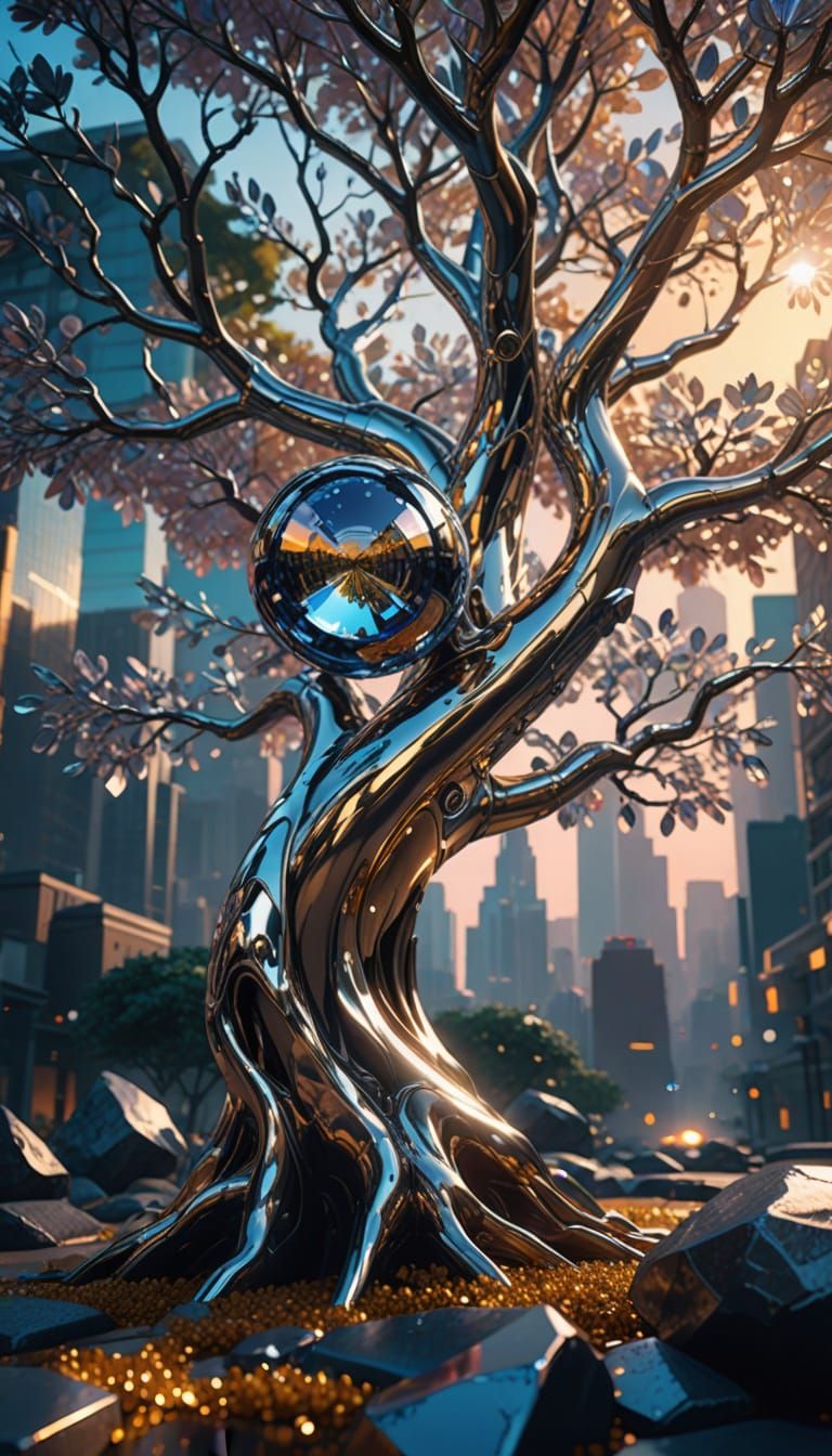 Chrome and Crystal Tree in Lush Cityscape