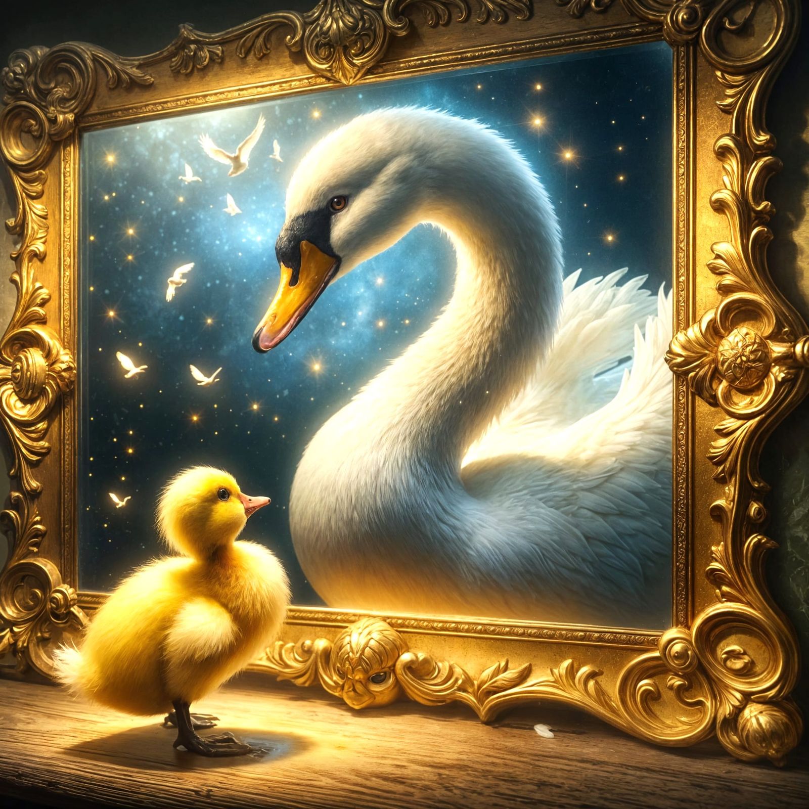 Duck and Swan Encounter in a Dreamlike Setting