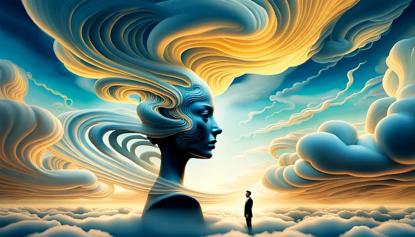 Dreamlike Surrealism: Floating Figure in Clouds