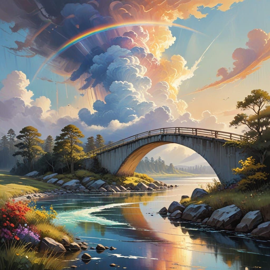Impressionist Masterpiece of a Rainbow Bridge Between Two Fl...