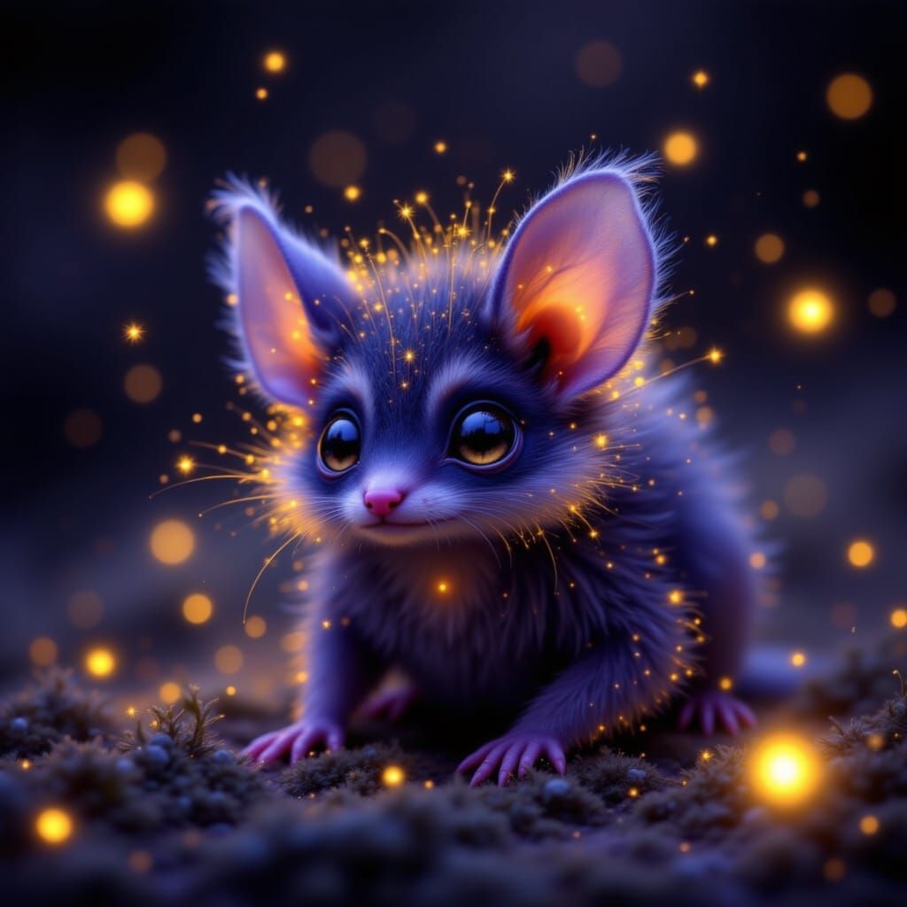 Surreal Raccoon-Bat Hybrid in Mystical, Iridescent Hues