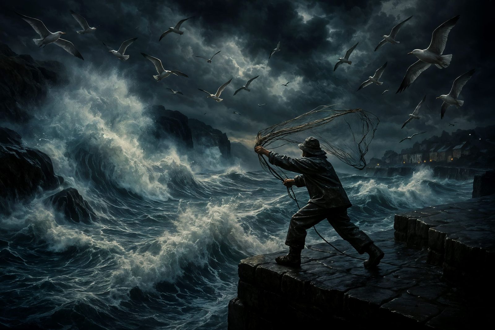 Dramatic Harbor Scene During a Storm