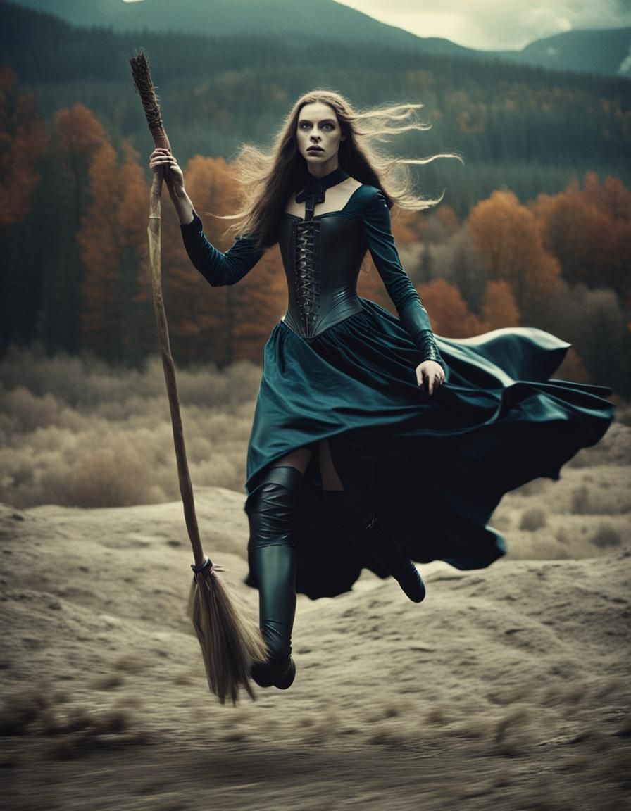 Cinematic Young Witch Flying on Broomstick