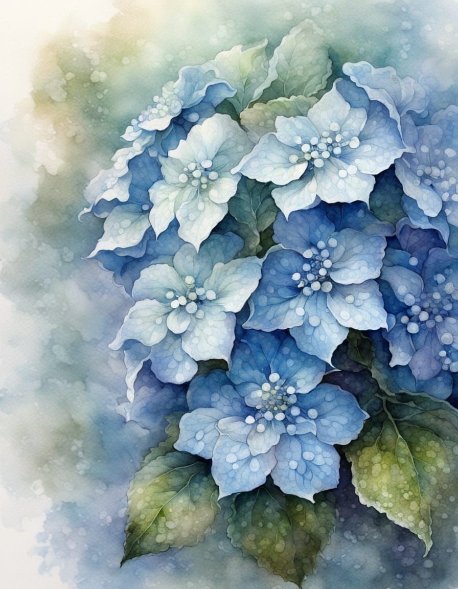 Ethereal Blue Lacecap Hydrangea in Watercolour