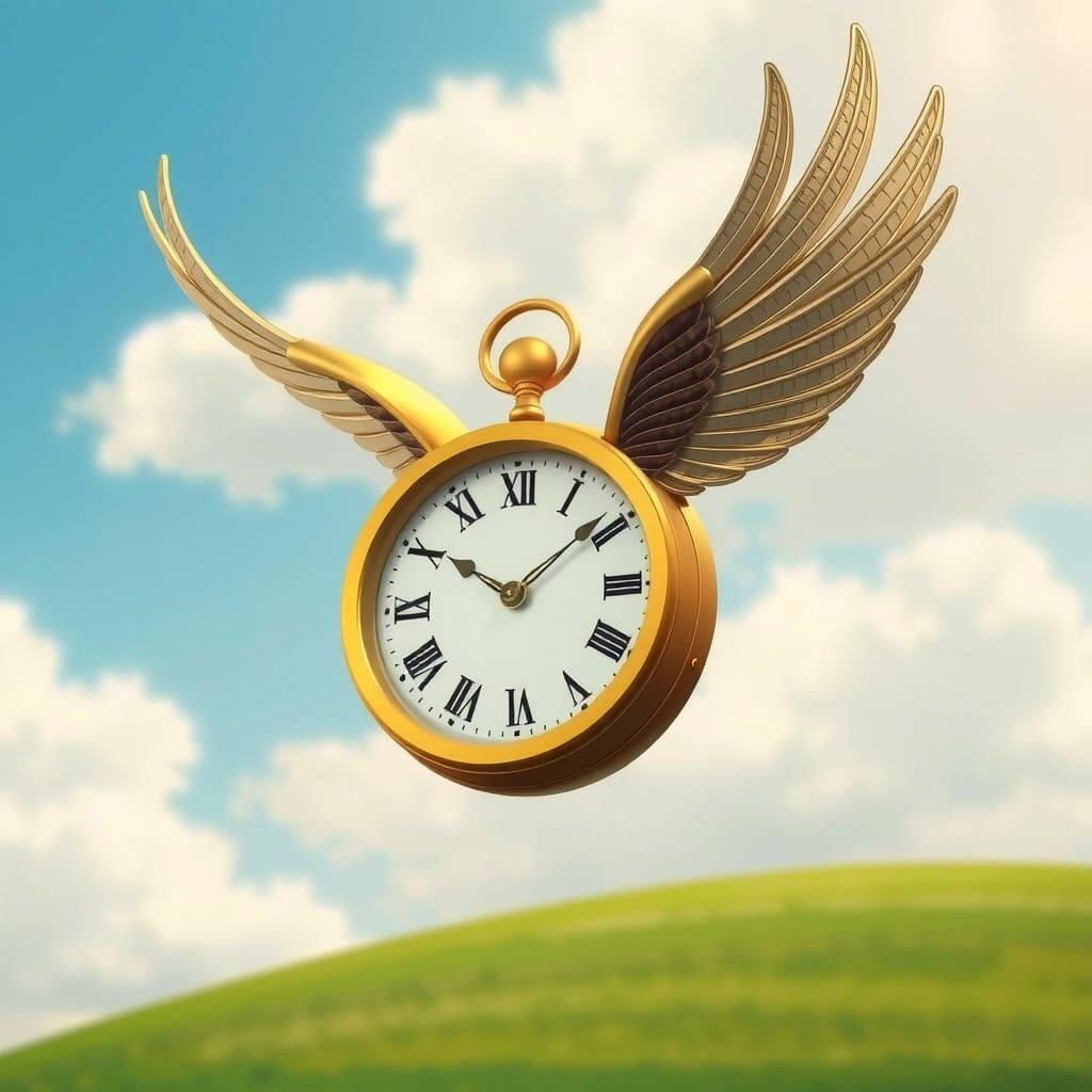 Whimsical Clock with Wings: Time Flies Illustration