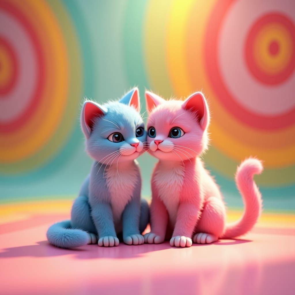 Pink and Blue Cats in Whimsical 3D Render