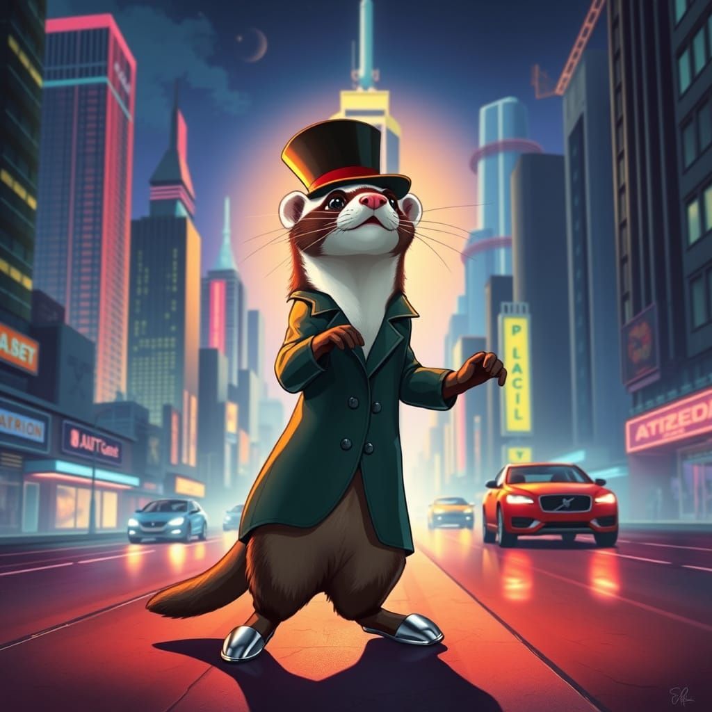 Cyber Ferret Tap Dances in Futuristic Cityscape