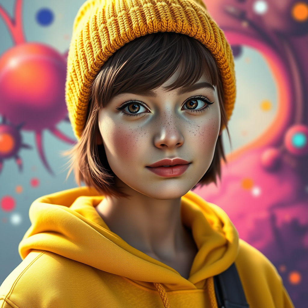 Woman with Yellow Beanie in Matte Painting Style
