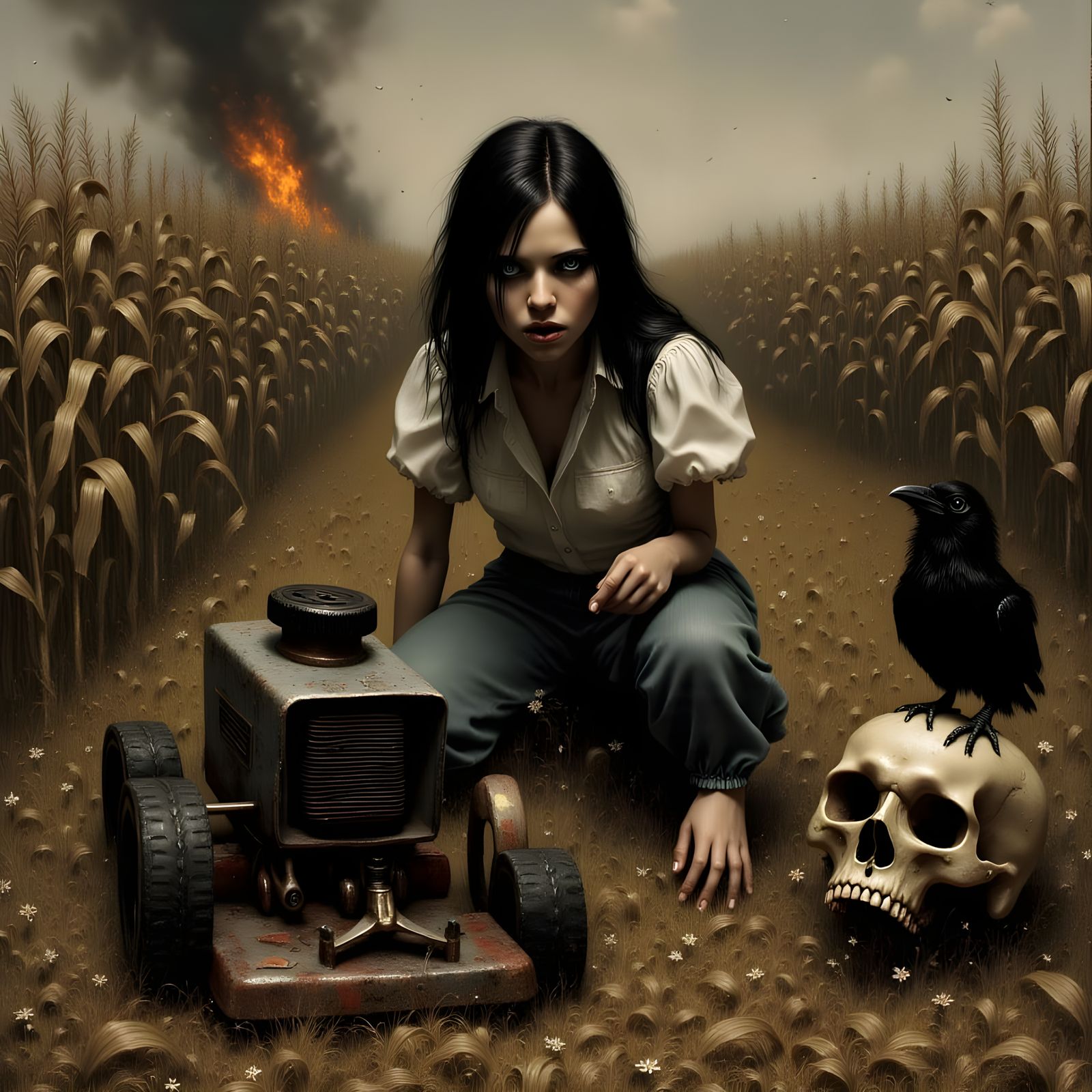 Surreal Dark Surrealist Scene of Terrified Woman in Cornfiel...