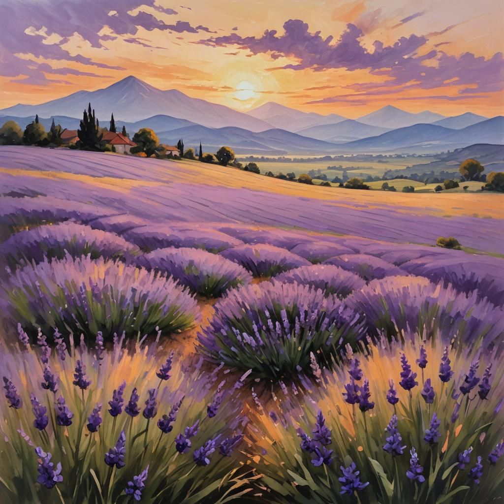 Lavender Field Sunset: Impressionist Landscape in Warm Light