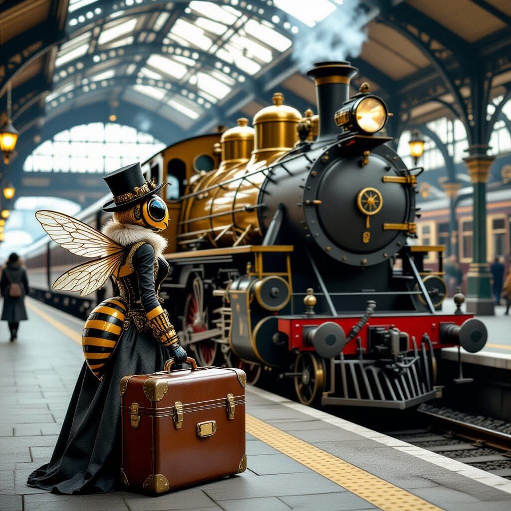 Giant Bee and Mother Await Train at Victorian Station