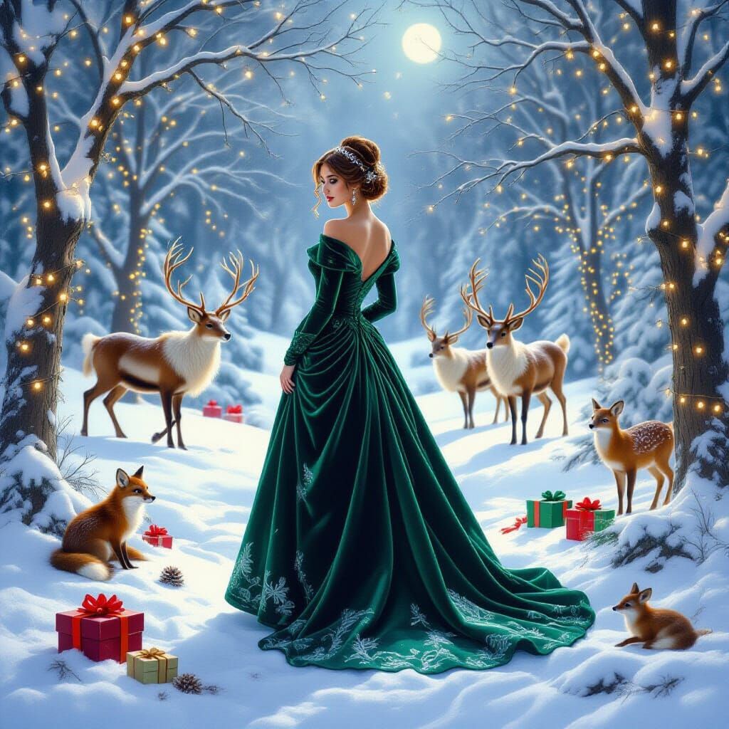 Elegant Woman in Emerald Gown in Romantic Winter Wonderland