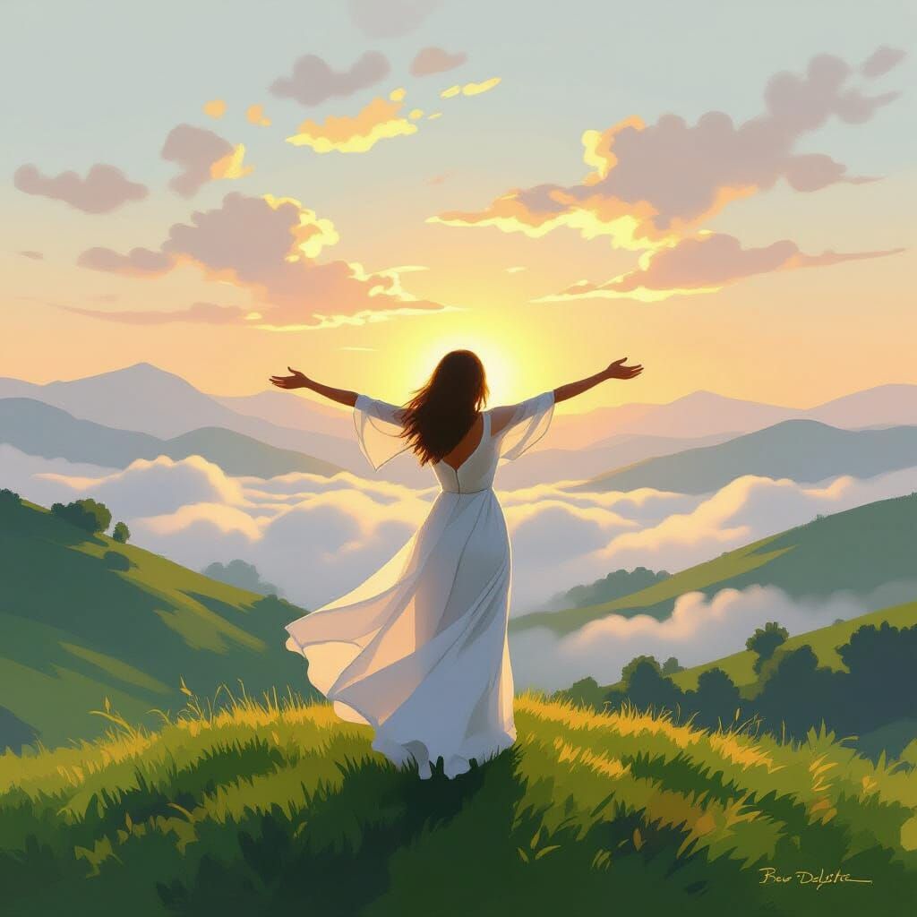 Woman greets sunrise in Impressionist style