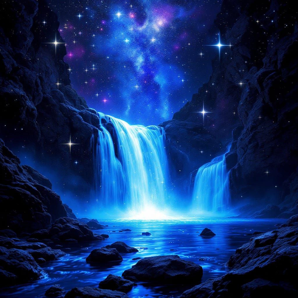 Cosmic Waterfall of Stars Under Bioluminescent Aurora