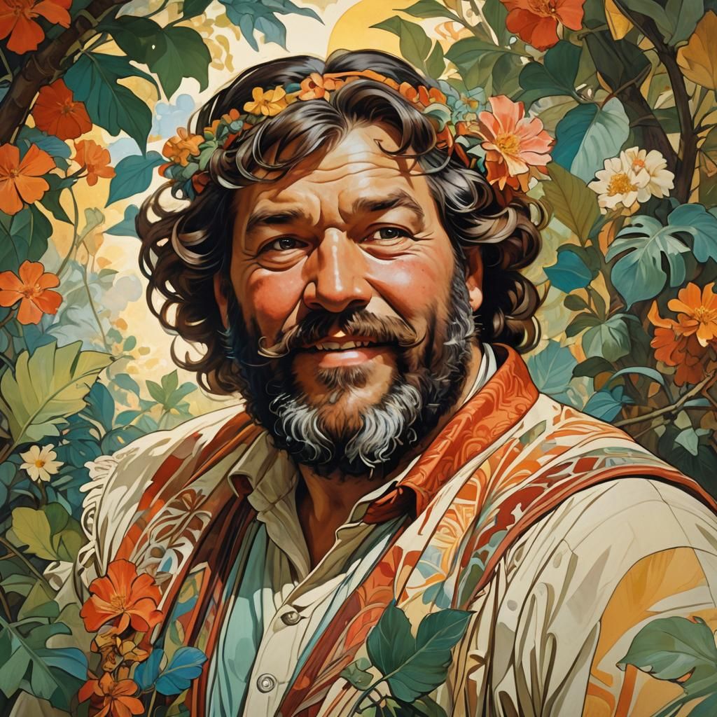Ein detailliertes Portrait von Bud Spencer als Alulu, der ei...