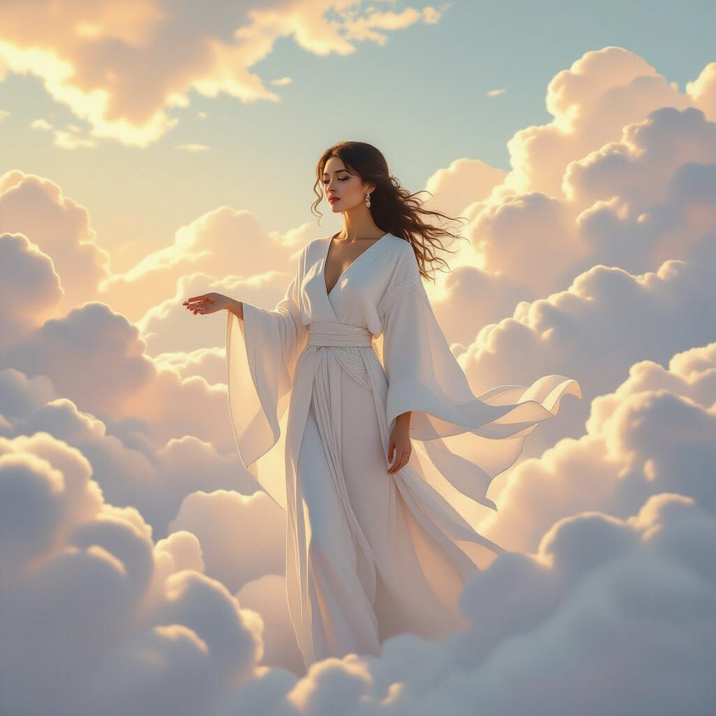 Ethereal Woman in Clouds with Golden Light