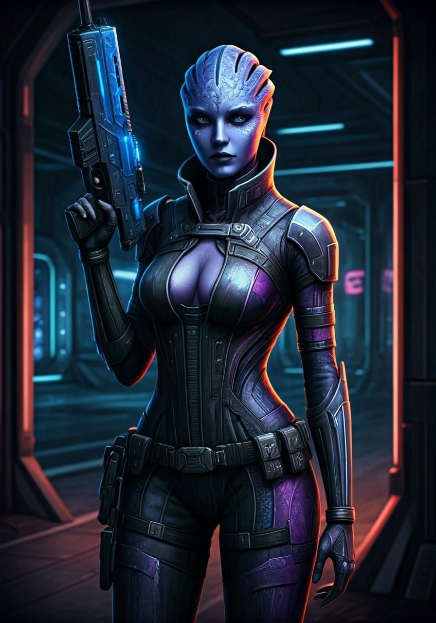 Asari Commando Patrolling Cyberpunk Space Station