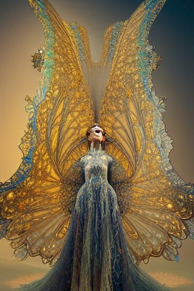 Gold Crystal Gown with Bioluminescent Fractal Wings