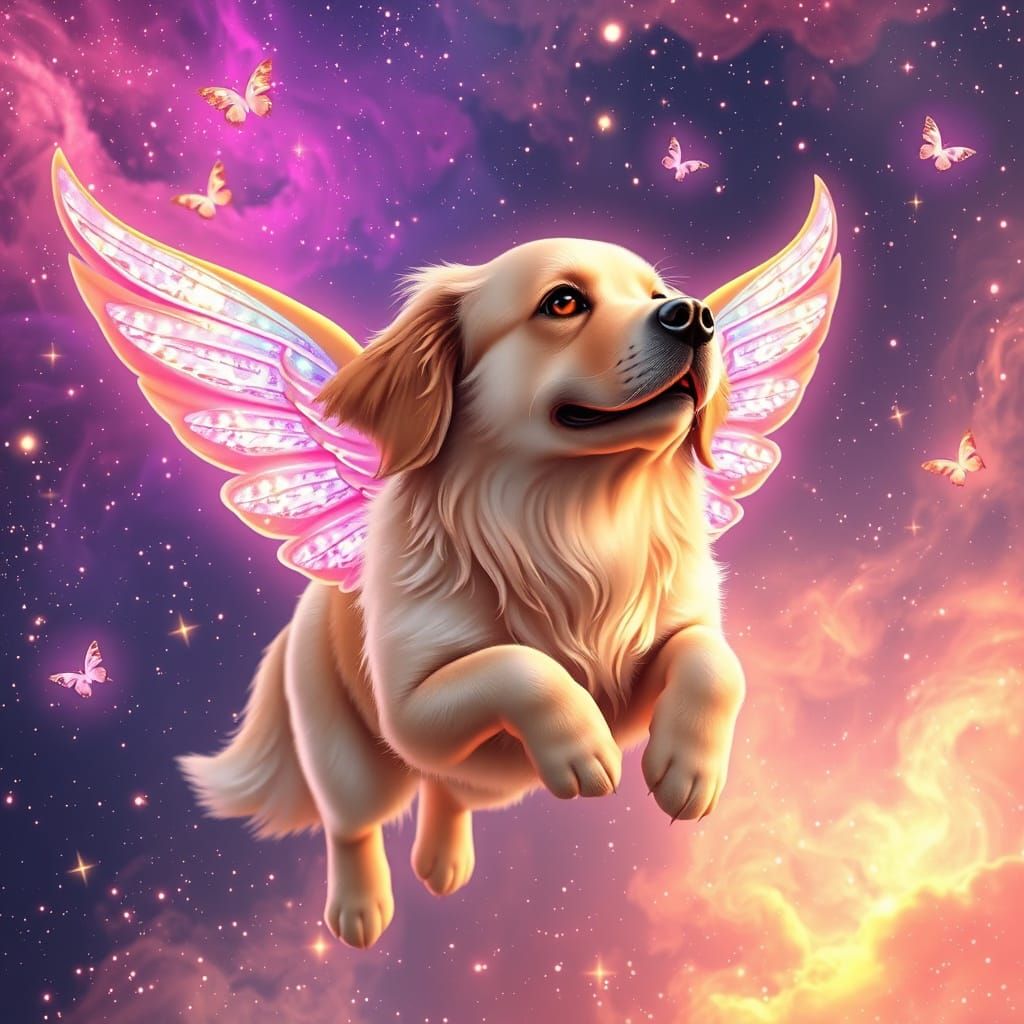 Golden Retriever Soaring Through Nebula in Anime Style