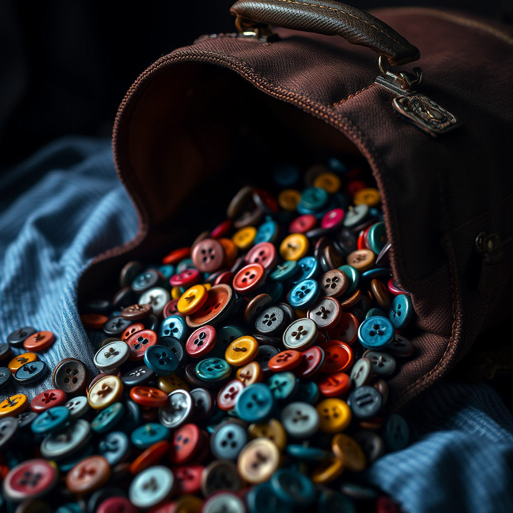 Vibrant Shirt Buttons Spill from Open Satchel