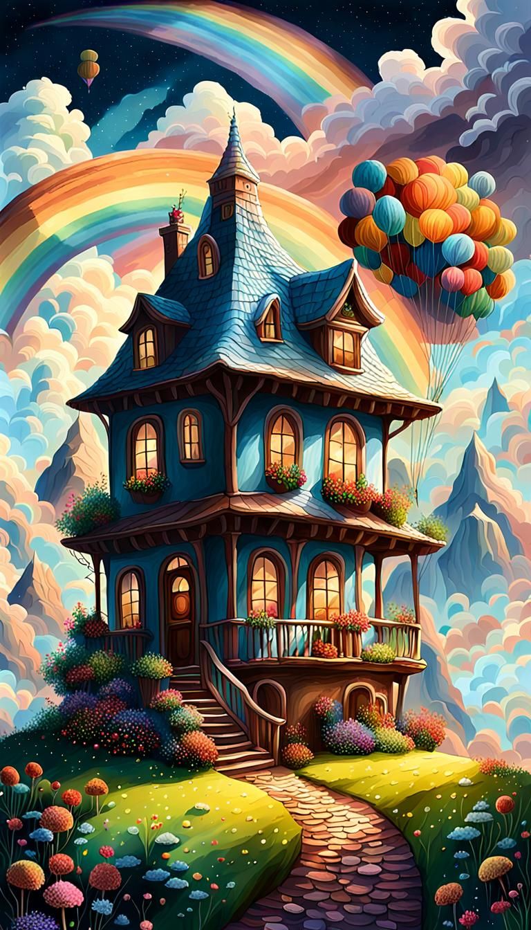Magical Chocolate Land Under Rainbow Sky: Digital Painting