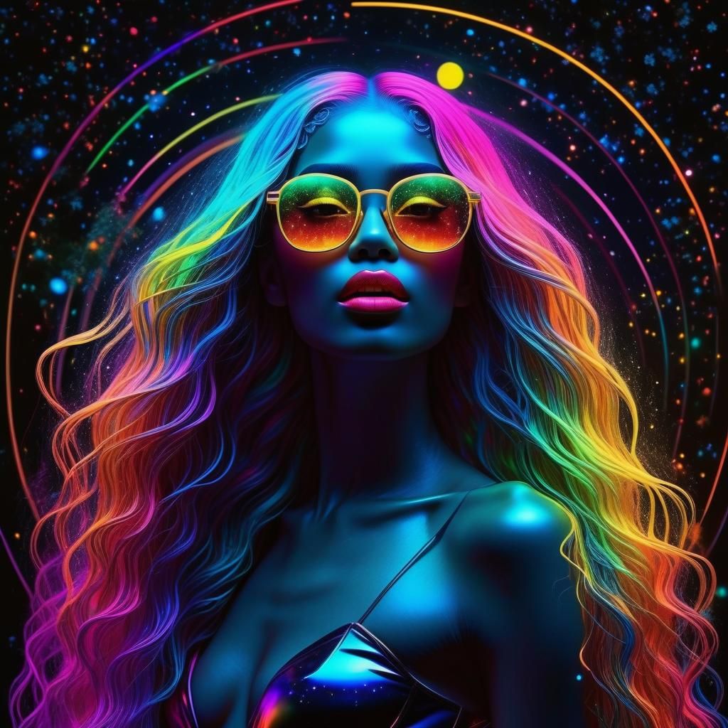 Cosmic Woman with Rainbow Hair and Neon Makeup