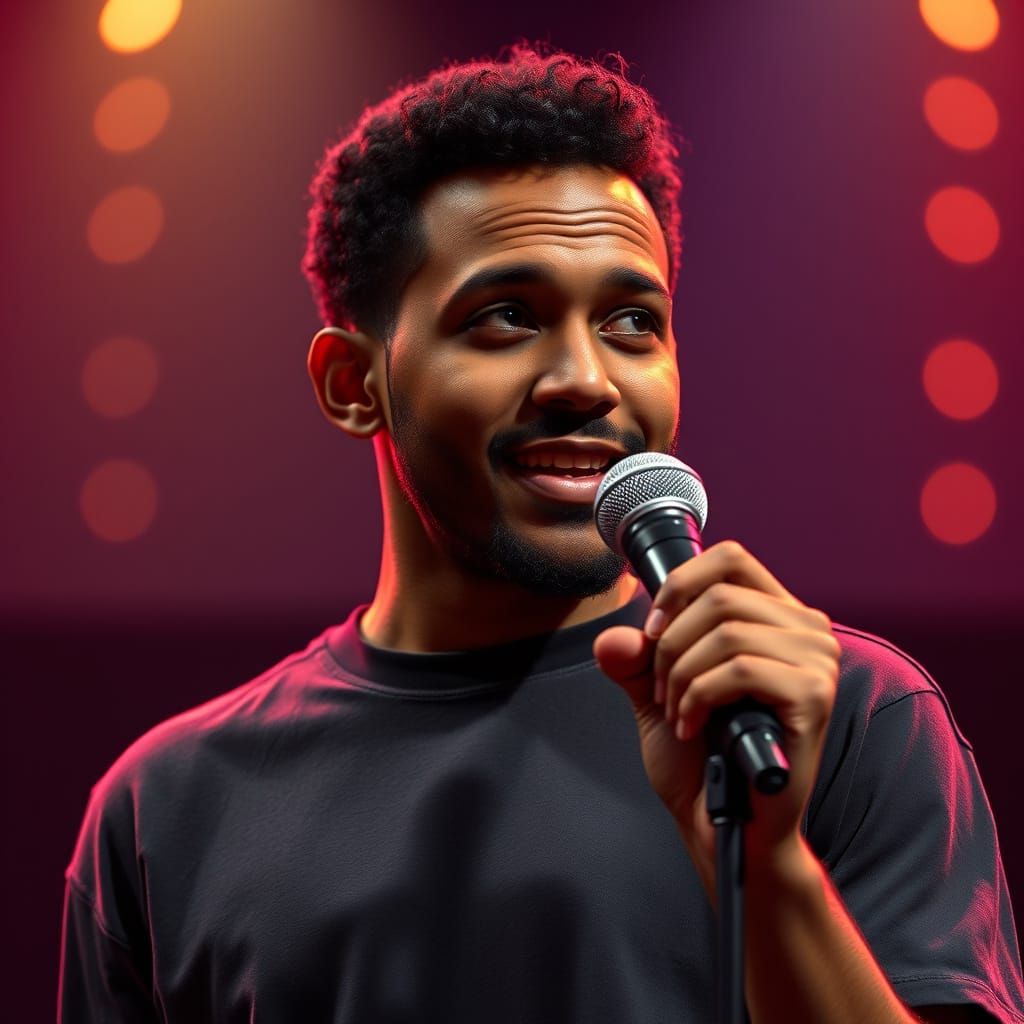 Humorous Stand-Up Comedian in Dimly Lit Club