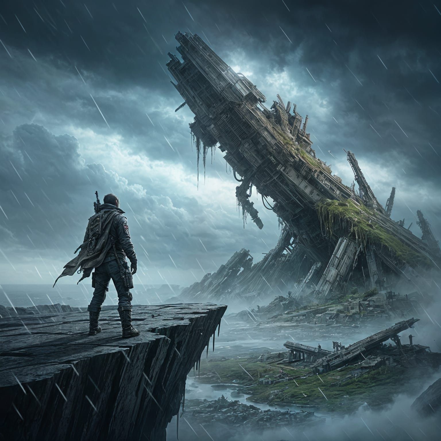 Expressionist Painting of a Pilot on Alien Cliff