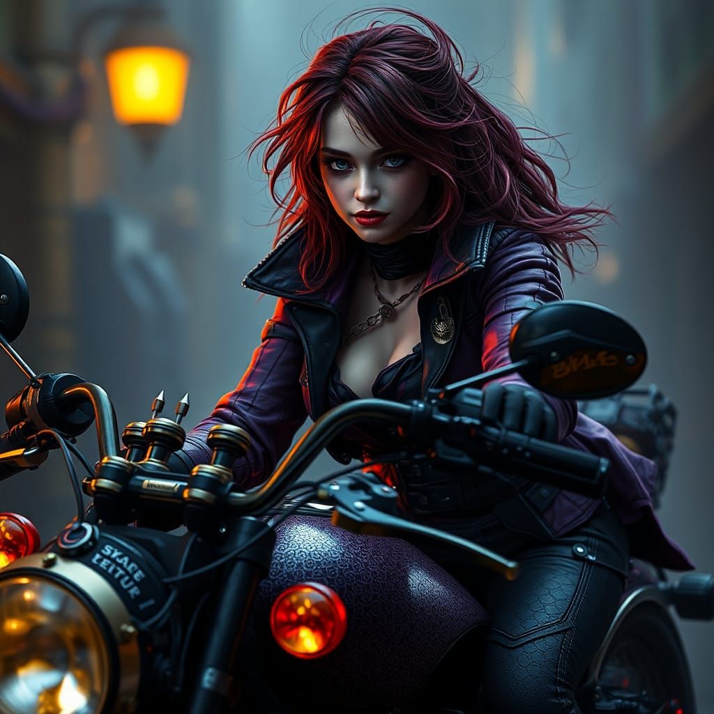 Gothic Vampire Hunter on Steampunk Motorcycle