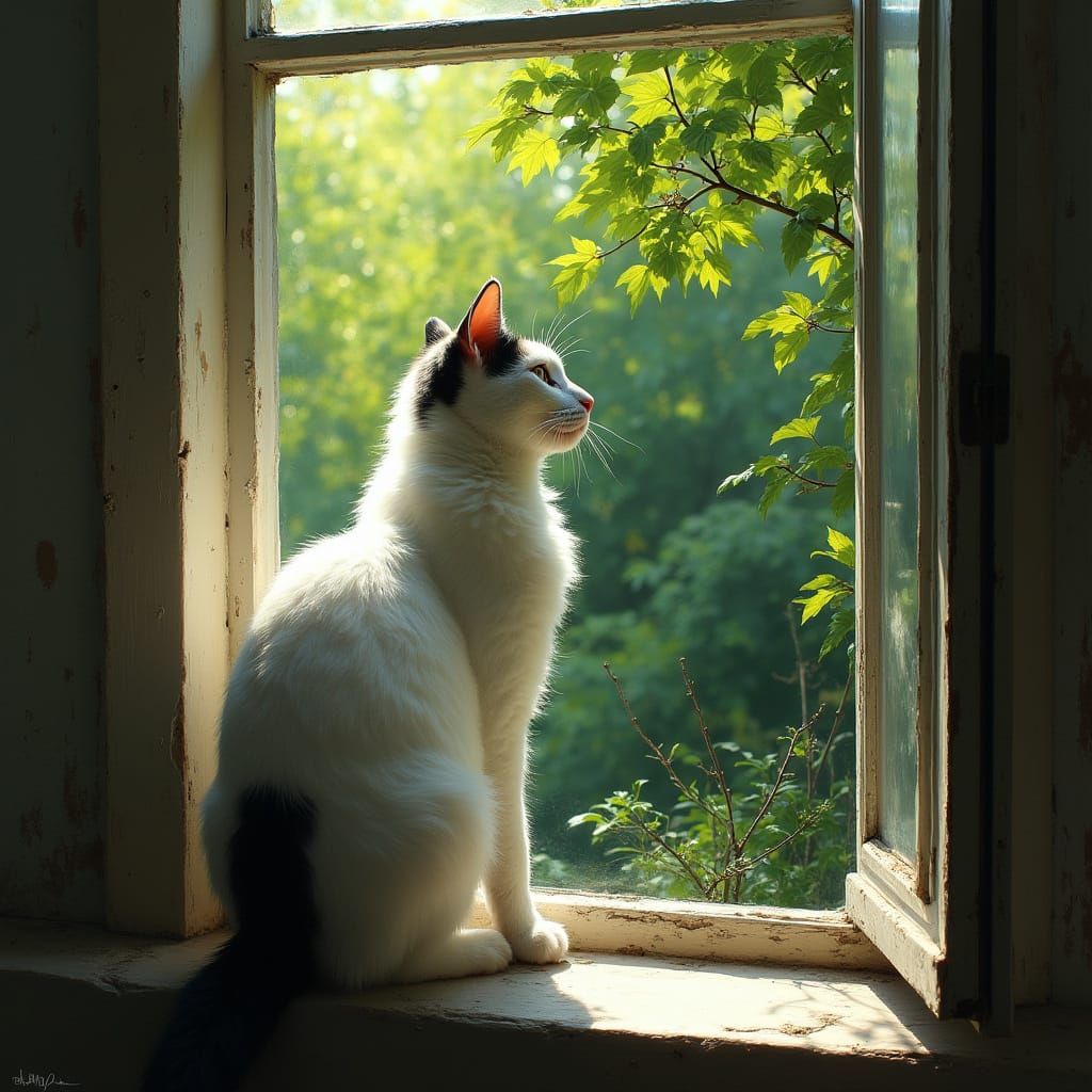 Hyperrealistic Fluffy Cat Gazing at Garden
