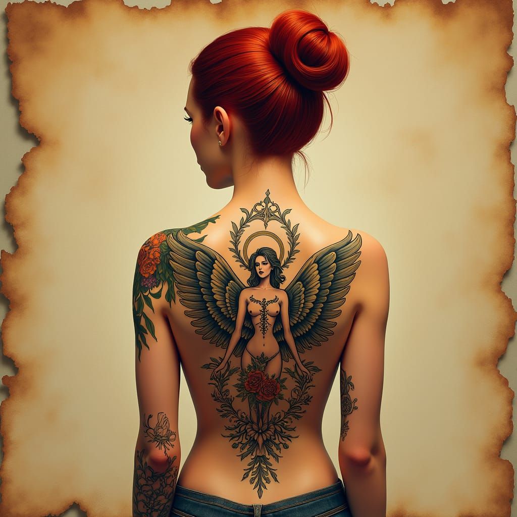 Woman with Angel Tattoo in Mid-Century Style
