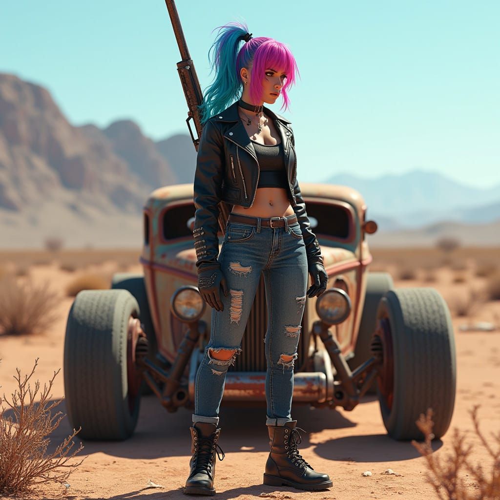 Post-Apocalyptic Warrior Woman in Desert, Gun in Hand